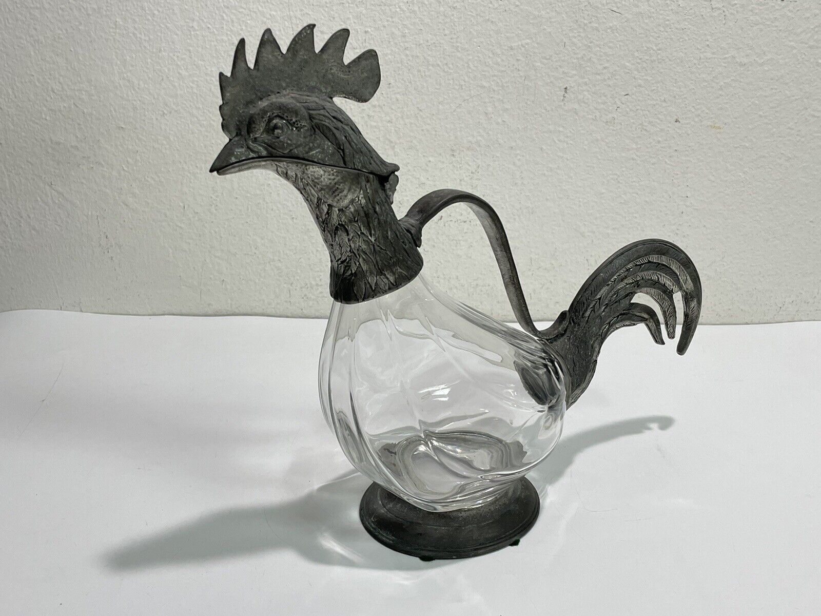 Vintage Etain 95% ~ Rooster Pewter & Glass Decanter Pitcher ~ Made in Italy