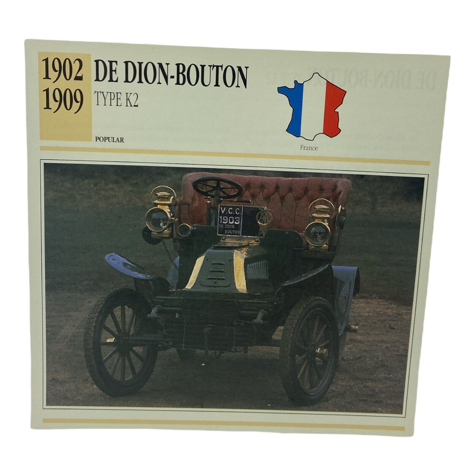 Cars of The World - Single Collector Card Edito-Service 1902 1909 De Dion-Bouton