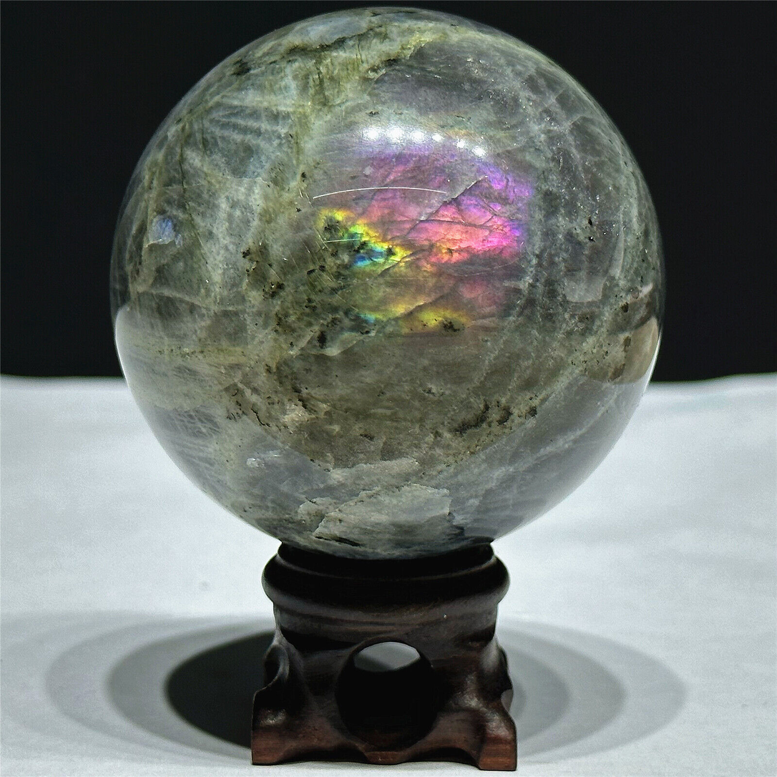 0.81LB 63.5MM Natural Purple Labradorite Sphere Ball Crystal Healing Reiki+Stand