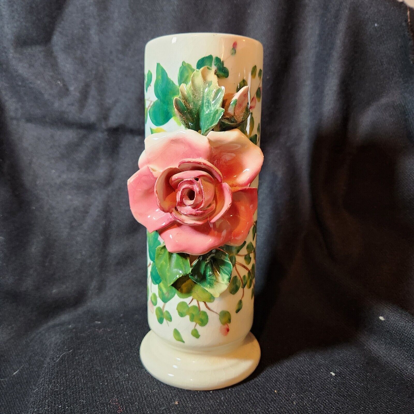 Vtg Italian Barbotine Pink Rose Capodimonte Flower Vases Majolica Cottagecore 