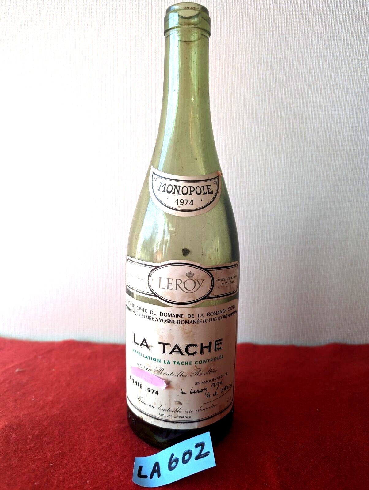 DRC La tache 1974 no cork  empty bottle Romanée-Conti 1974 vintage LA602