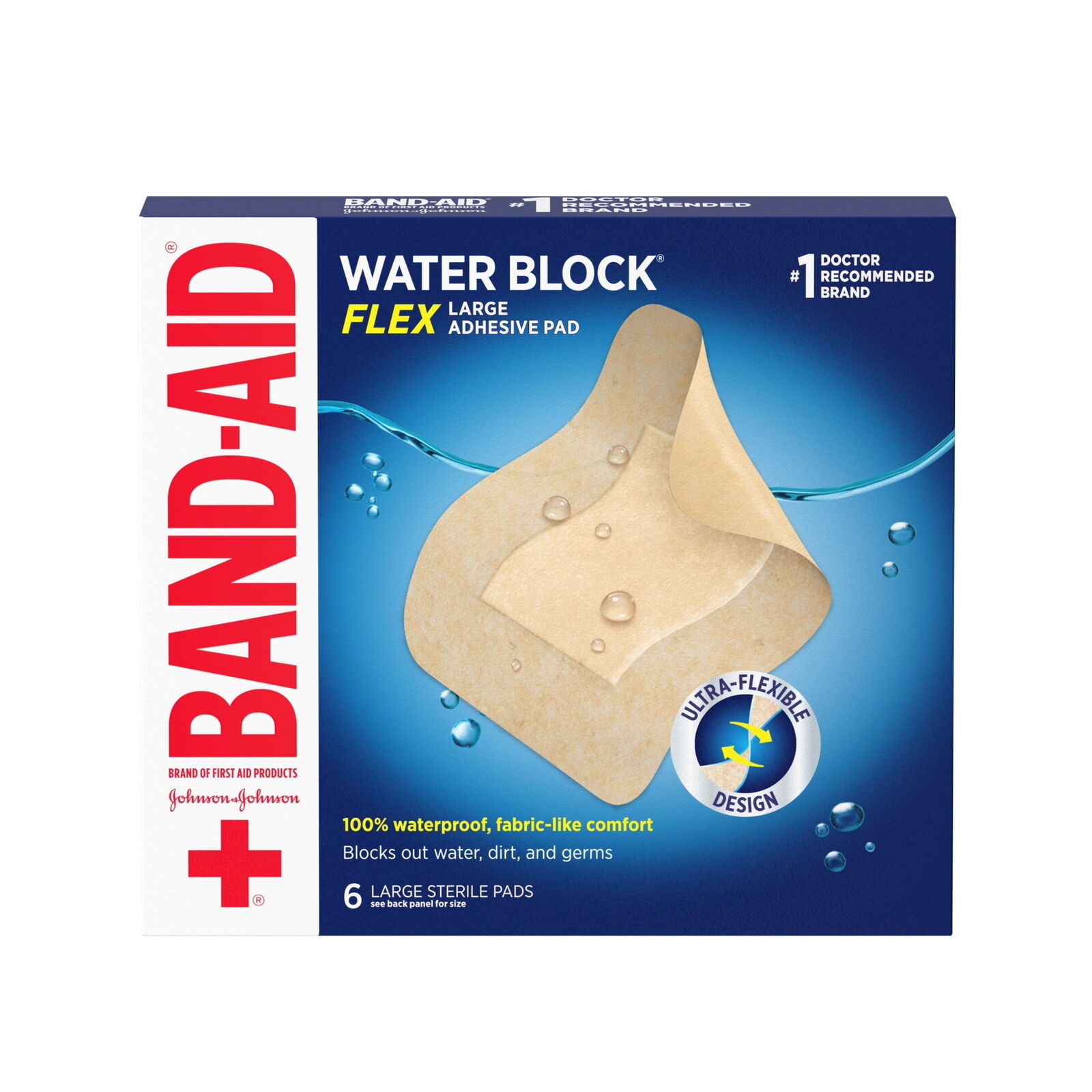 Band-Aid Brand Water Block Flex Waterproof Adhesive Pads, Large, 6Ct