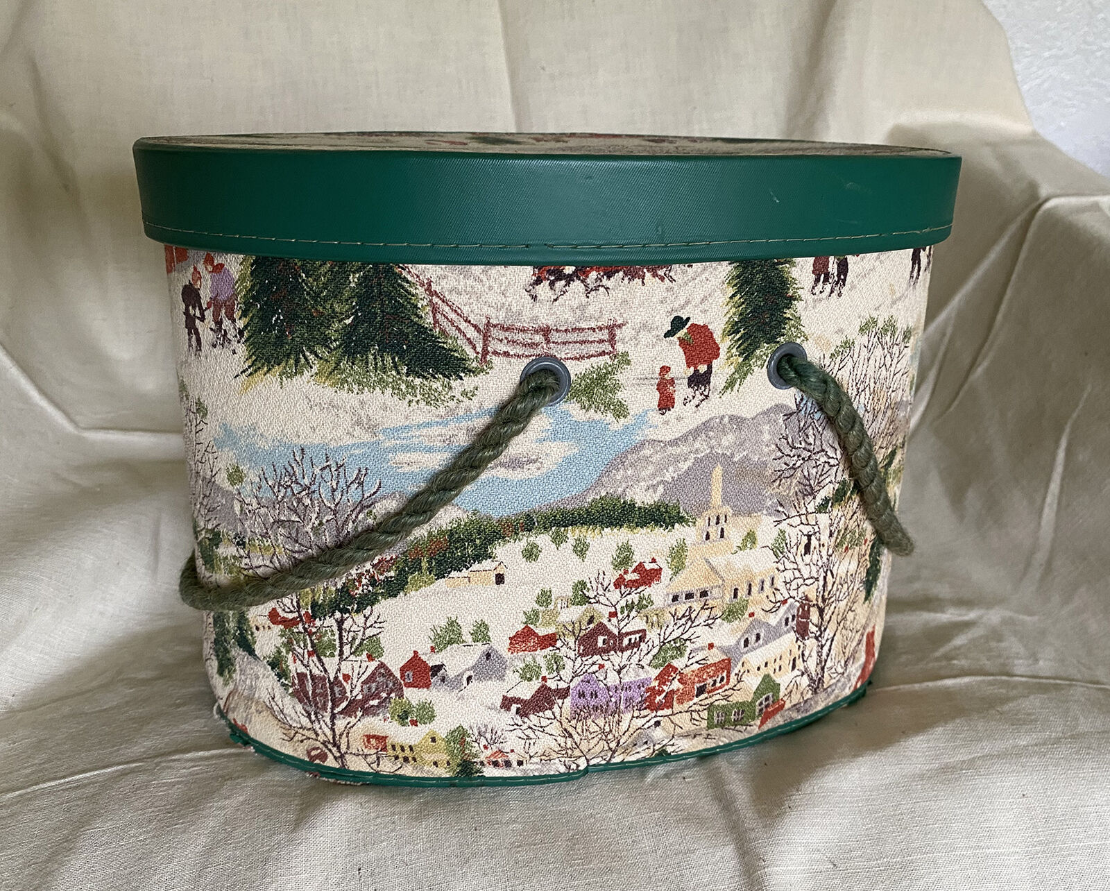 Vintage 40s 50s Grandma Moses Deep Snow Barkcloth Covered Sewing Basket Hatbox
