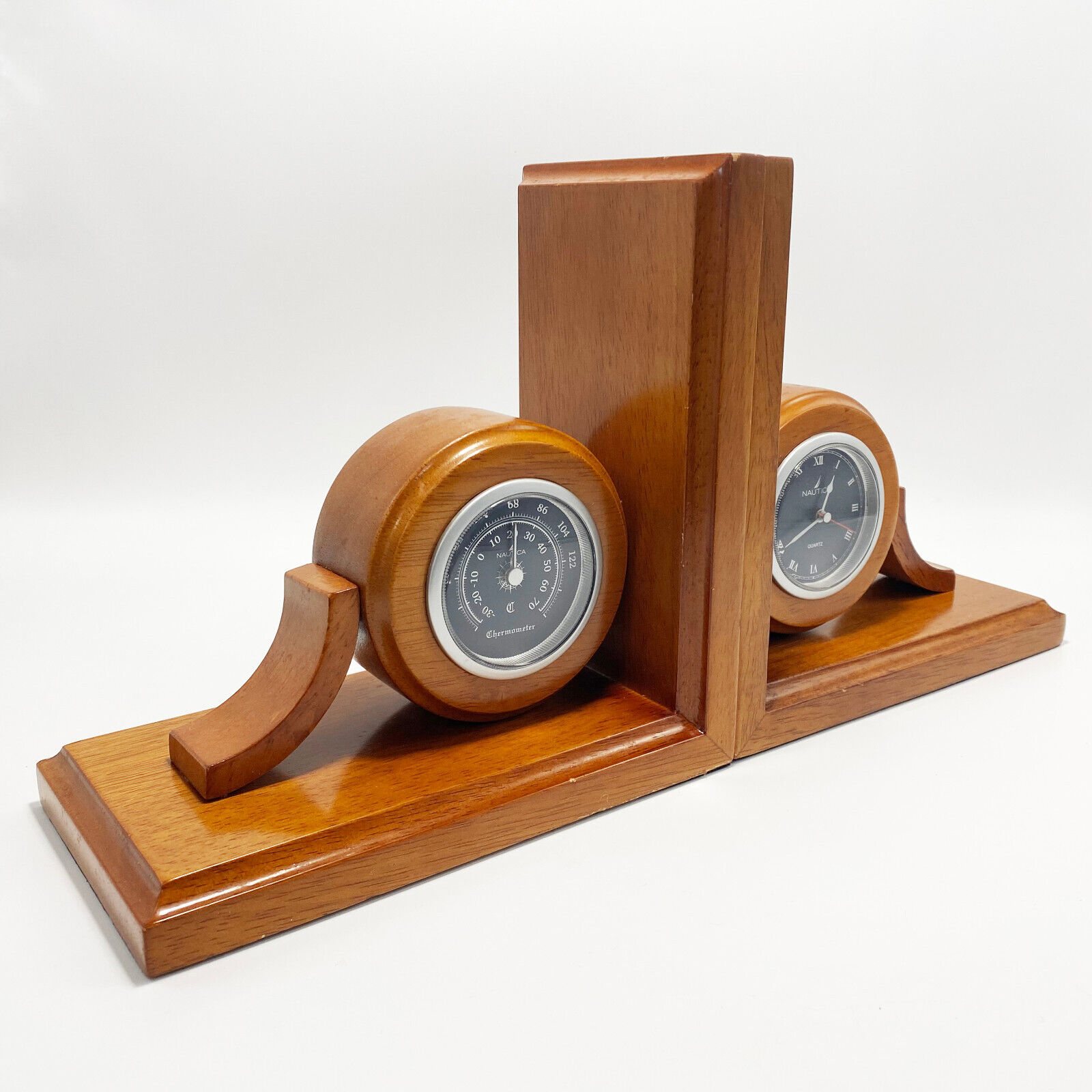 NAUTICA Vintage 90s Wood Pair of Bookends with Removable Clock & Thermometer