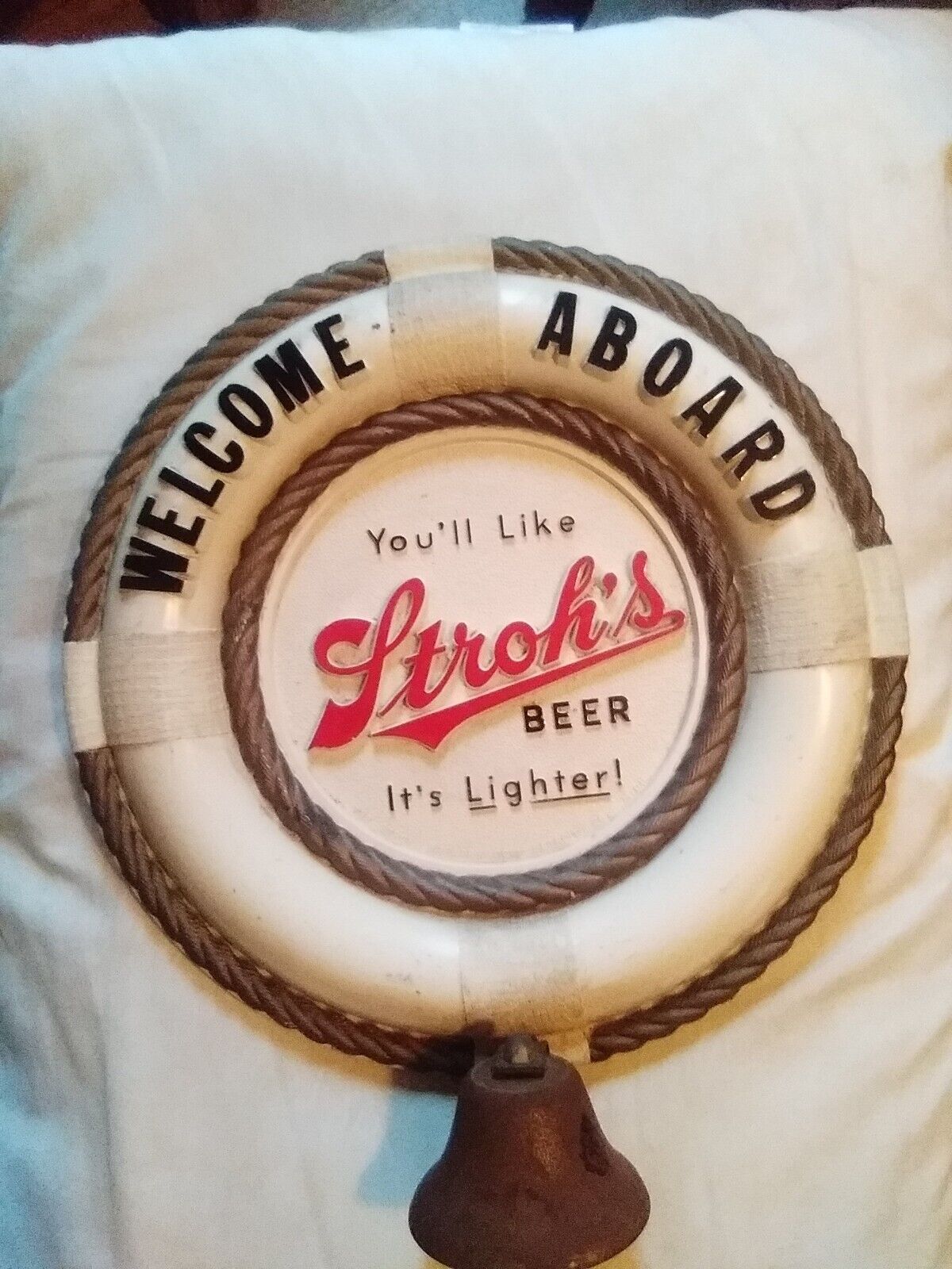 Vintage-STROH’S BEER WELCOME ABOARD  3D SIGN LIFE PRESERVER WITH BELL Rare