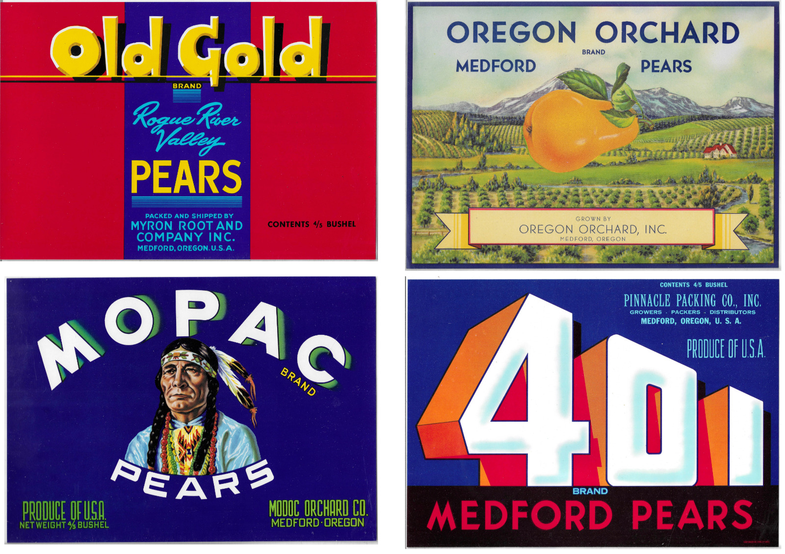 Medford Oregon Vintage Lot of 4 Pear Fruit Labels 401 Mopac Gold Orchard Rogue