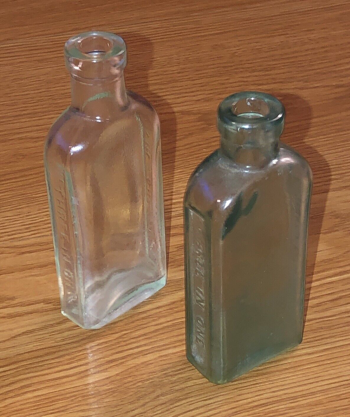 Antique 3 in 1 Oil Blue Tinted & Clear Glass Bottle Set of 2 Vintage 4” Bottles