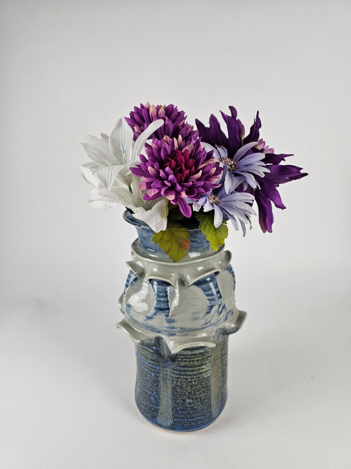 Cariaso Vintage Handmade Studio Ceramic Art Flower Vase White Blue  Signed