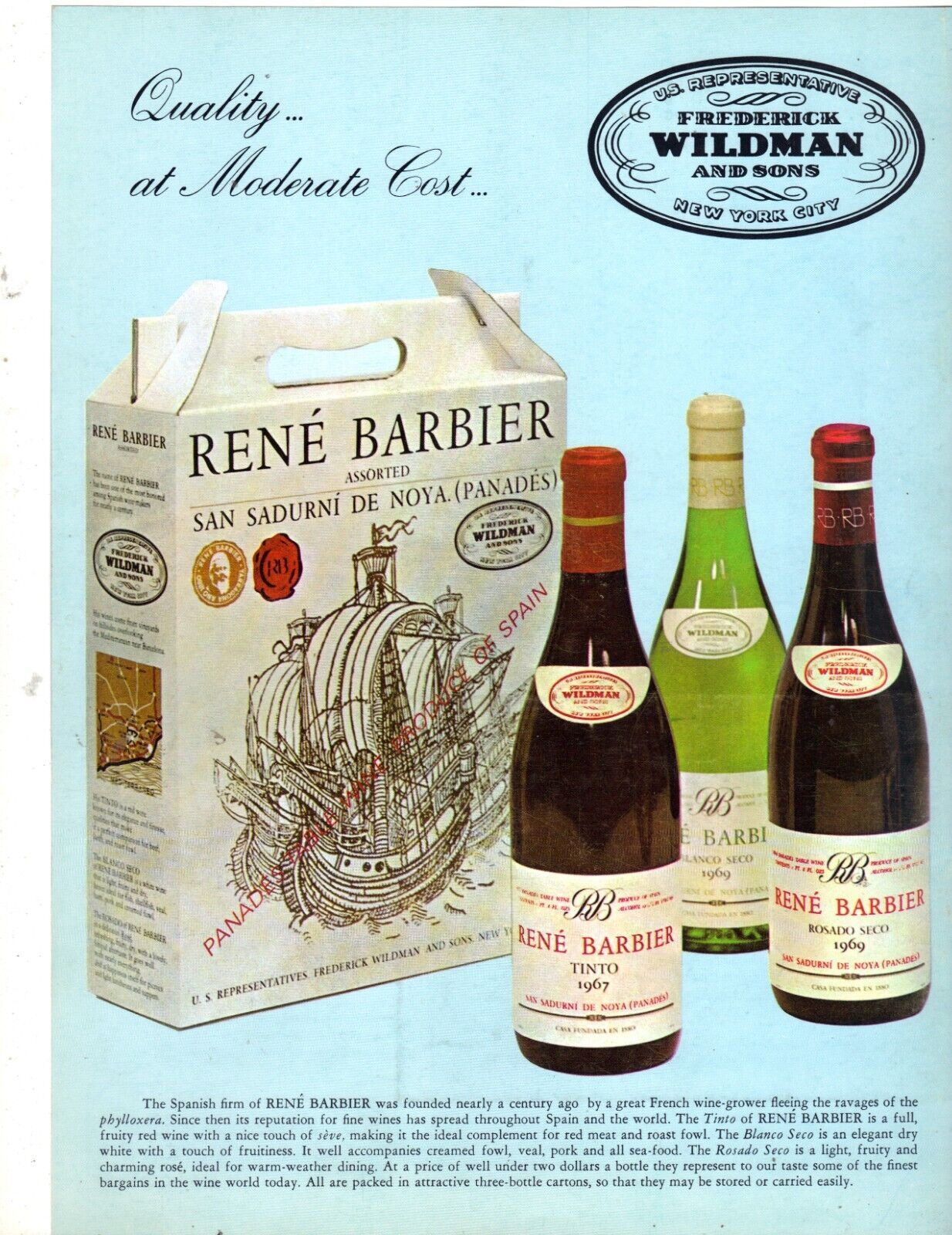 Vintage 1971 Print Ad for Rene Barbier Wines and The Wine Vault