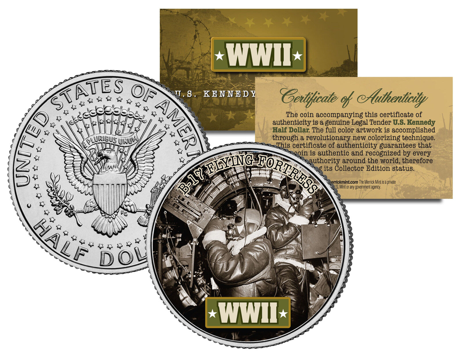 World War II * GUNNERS * B-17 Flying Fortress Colorized JFK Half Dollar Coin