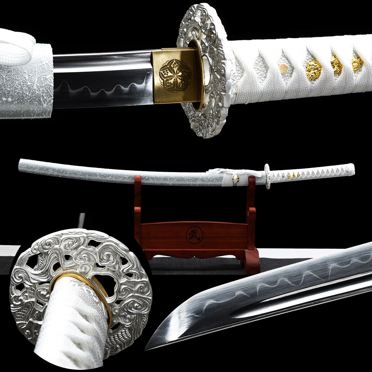 Elegant Silver Dragon Functional Sword Clay Tempered T10 Japanese Samurai Katana