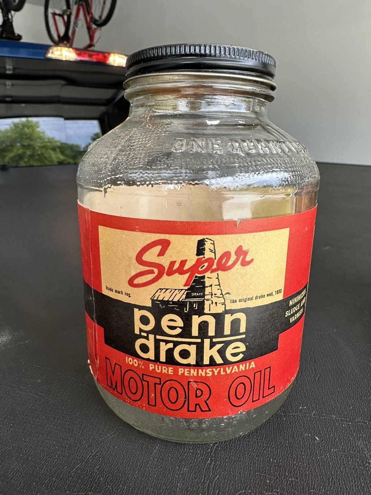 Vintage Super Penn Drake Motor Oil Quart Glass Bottle War Time Jar Paper Label