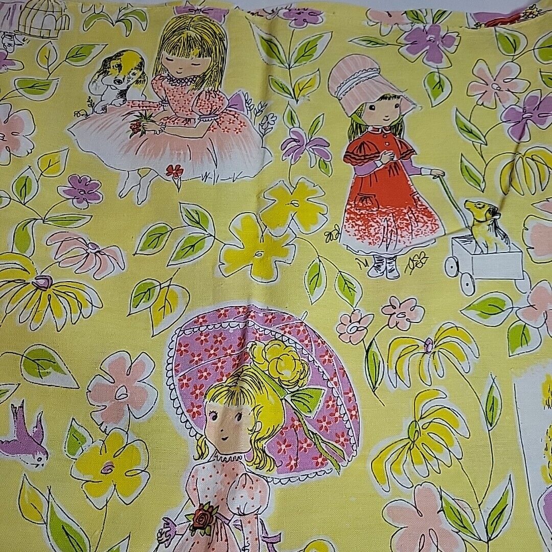Vintage 1970s Juvenile Fabric Yellow Bonnet Girl Summer Garden Flower Dog Bunny