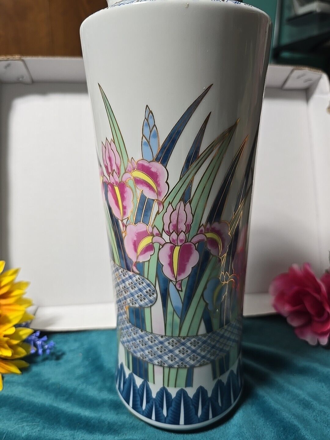 Mid Century Ayame Japanese Porcelain Vase Handpainted Iris Flowers