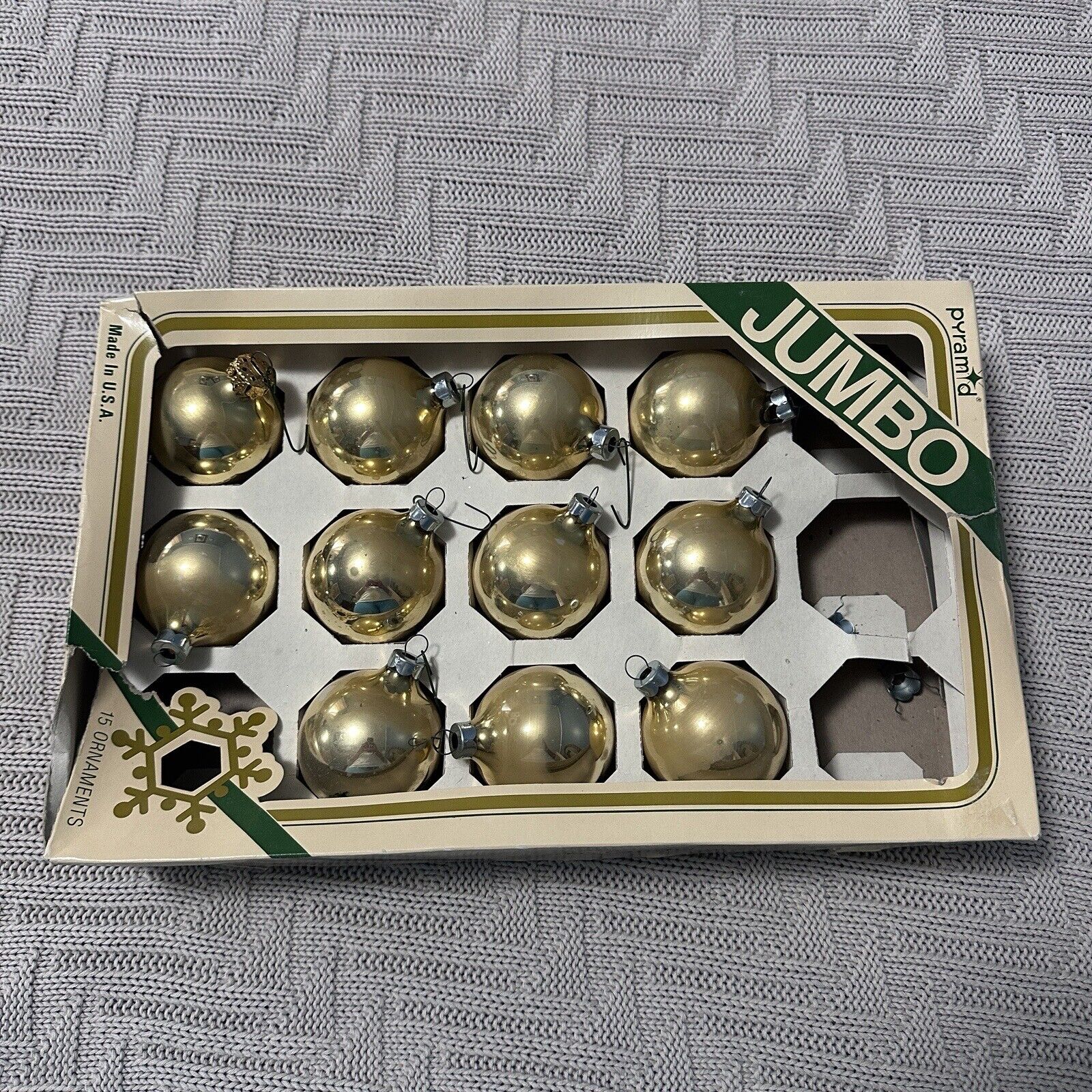 Vintage 1980s 11 Gold Ball Christmas Tree Ornaments In Box