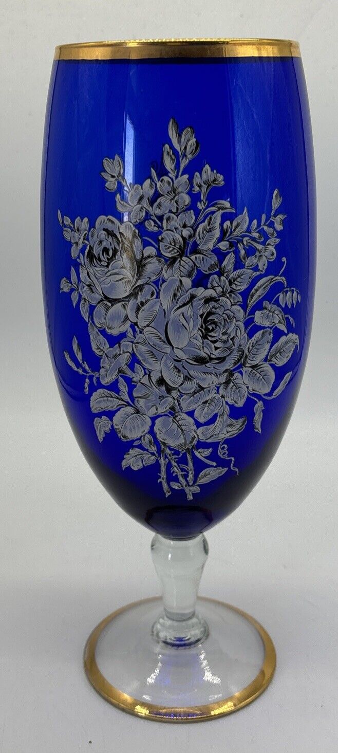 Large Cobalt Blue Stemmed Etched Vase Silver Rose Pattern Gold Edge 12” Vintage
