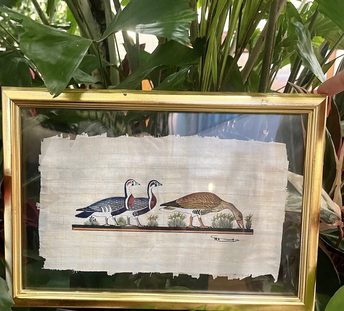 Egyptian “3 Geese On Papyrus”  Matted And Framed 