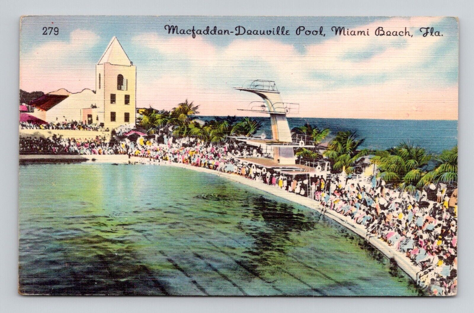 Postcard Macfadden Deauville Hotel Pool Miami Beach Florida, Vintage Linen F16
