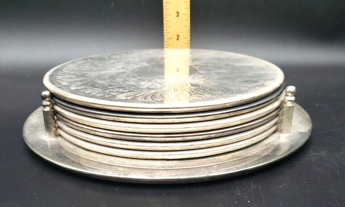 VTG Silver Plated Trivets in Holder Regency Queen Victoria Etched Hot Plates    