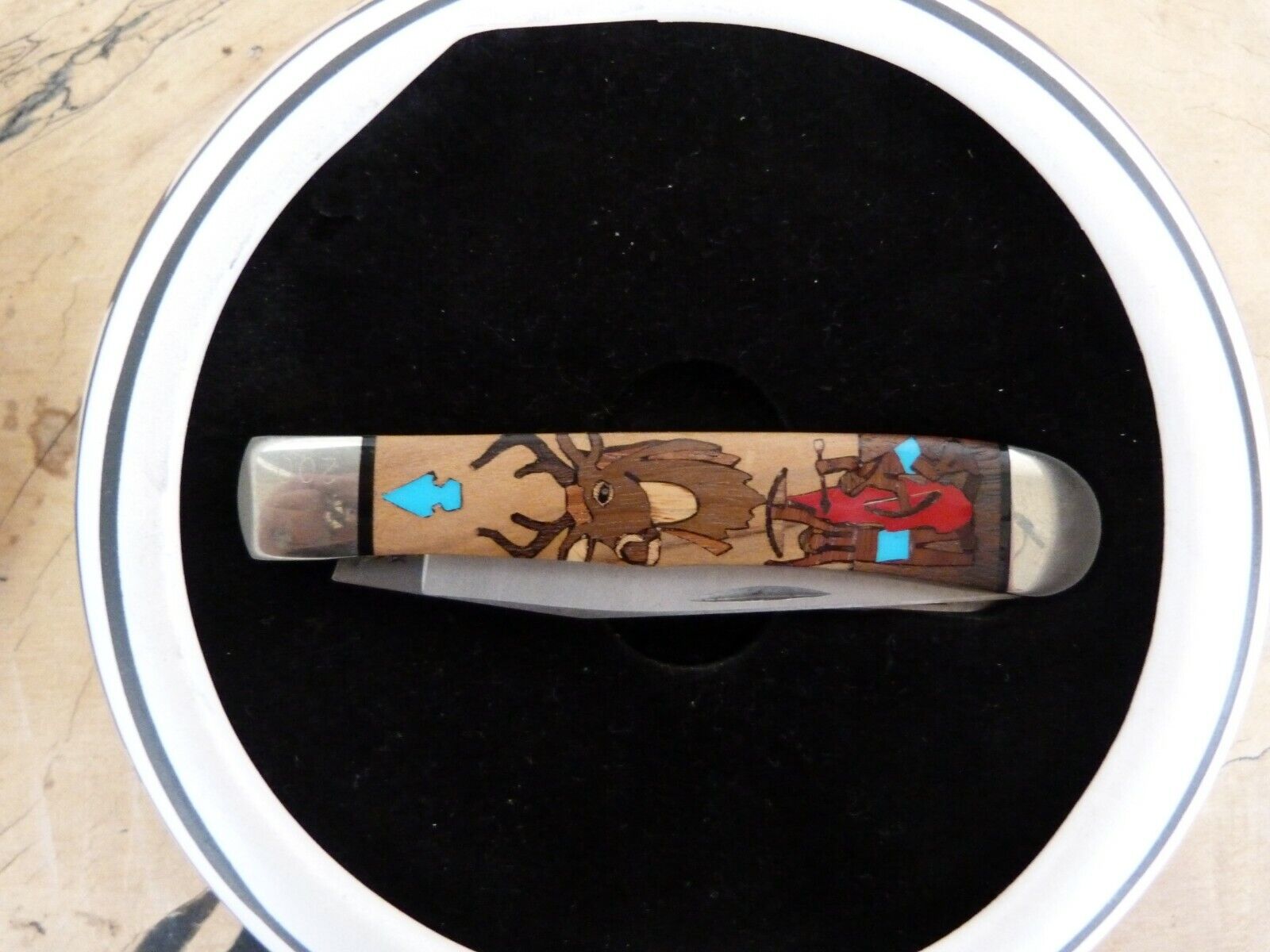 Case Deer Inlay Trapper Knife with Southwest Ceramic Pot, Native Artwork