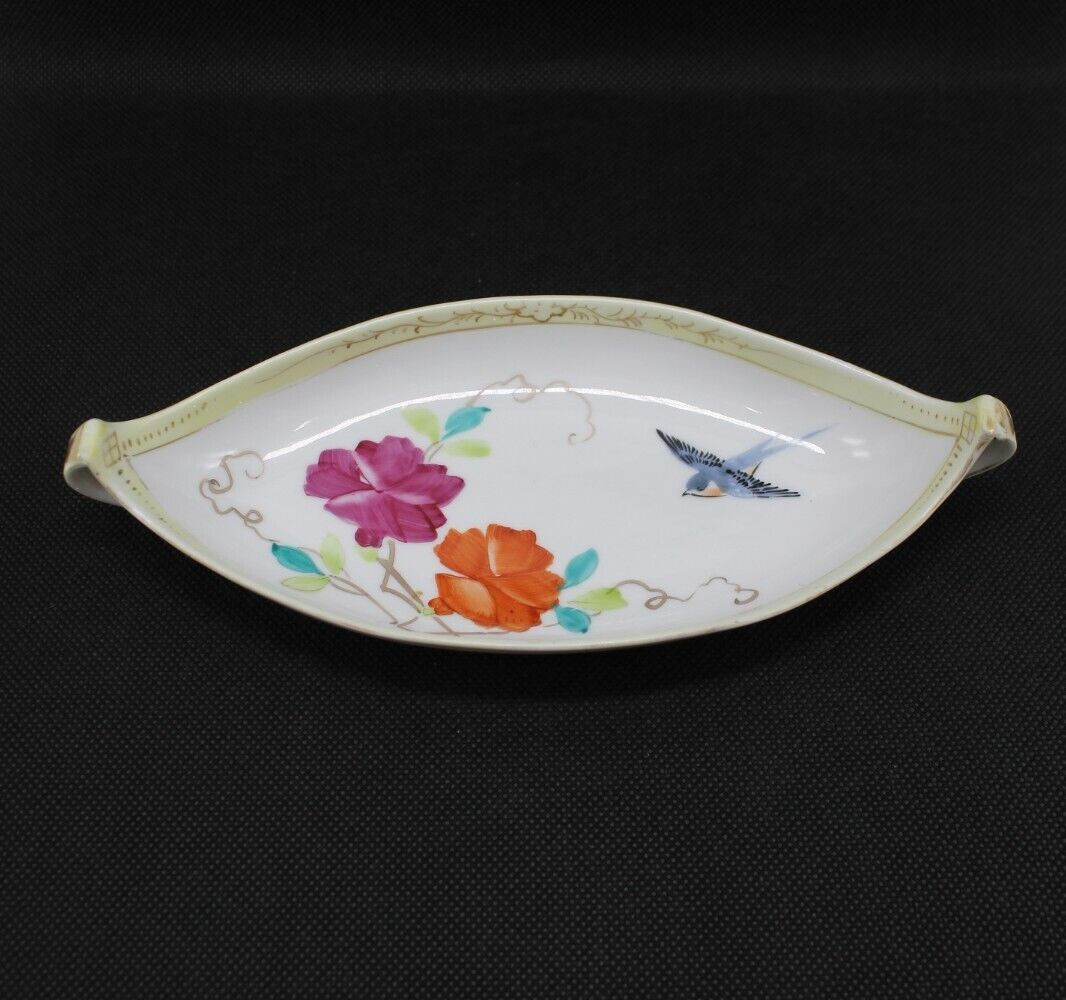 Antique Hand-Painted Nippon Porcelain Oval Dish Handles Blue Bird & Flowers Gold