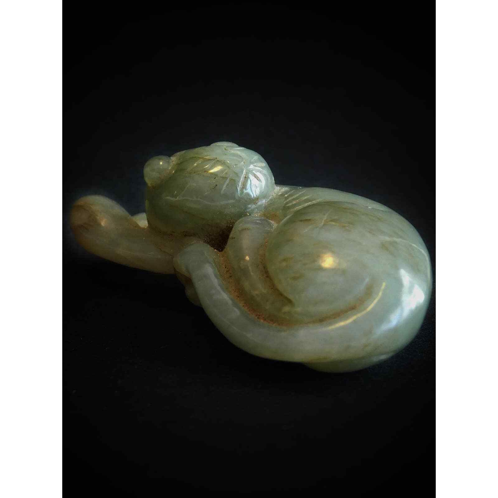 Antique Celadon Nephrite Jade Ming Style Recumbent Cat Chinese Carved Toggle 软玉珮