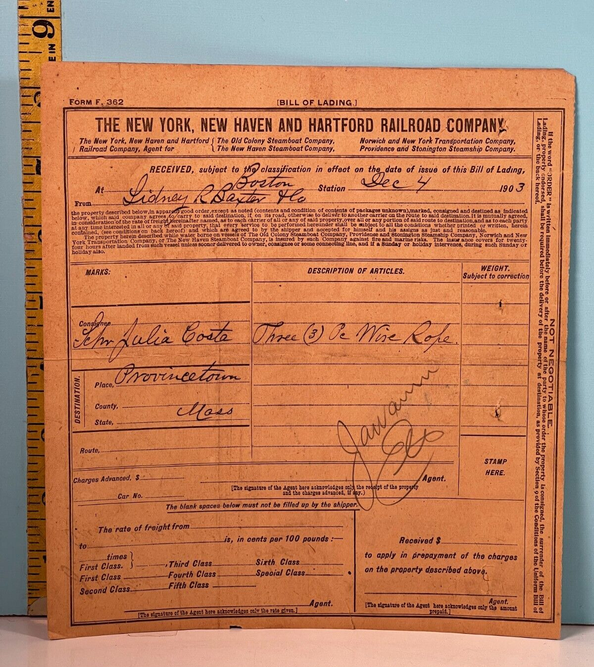 1903 The New York, New Haven & Hartford Railroad Co Bill of Lading