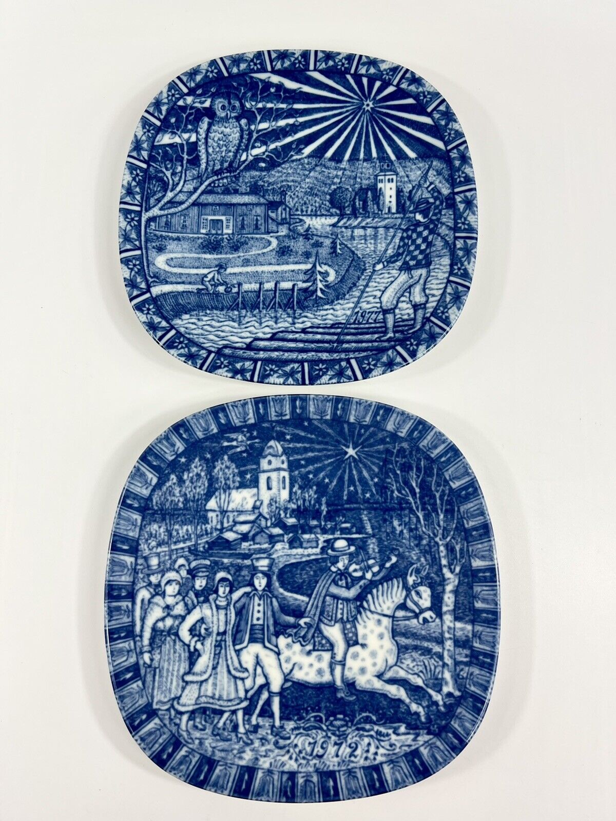 Set of 2 Vintage Rorstrand Sweden Collectors Blue Wall Plate Julen 1972   & 1977