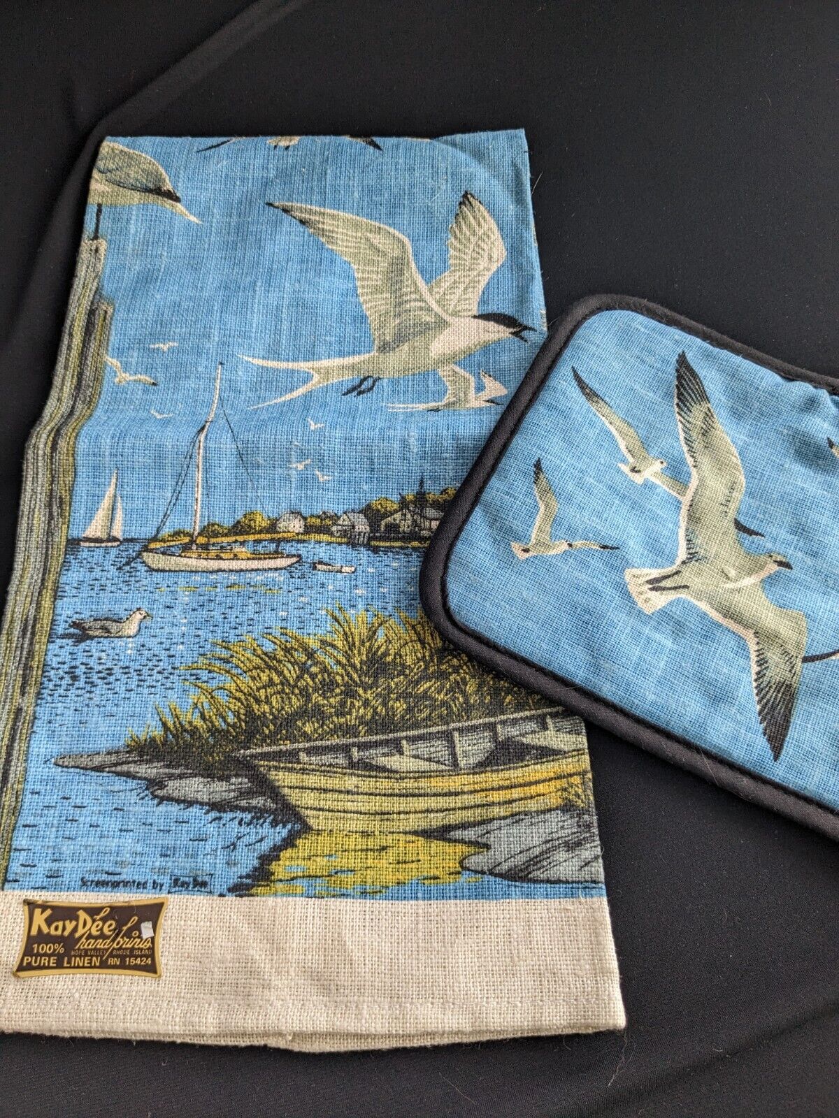 Vtg Kay Dee Handprints Linen Dishtowel & Potholder Set Ocean Birds/Seagulls NWOT