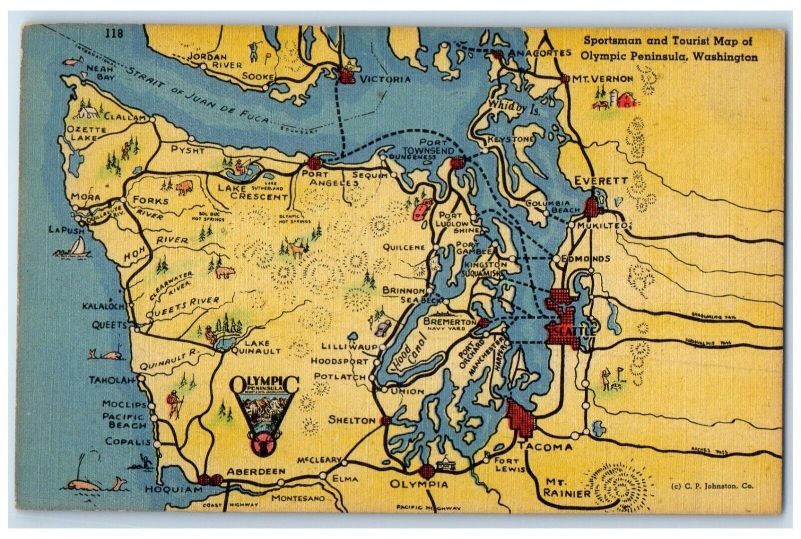 c1940 Sportsman Tourist Map Olympic Peninsula Washington WA Unposted Postcard