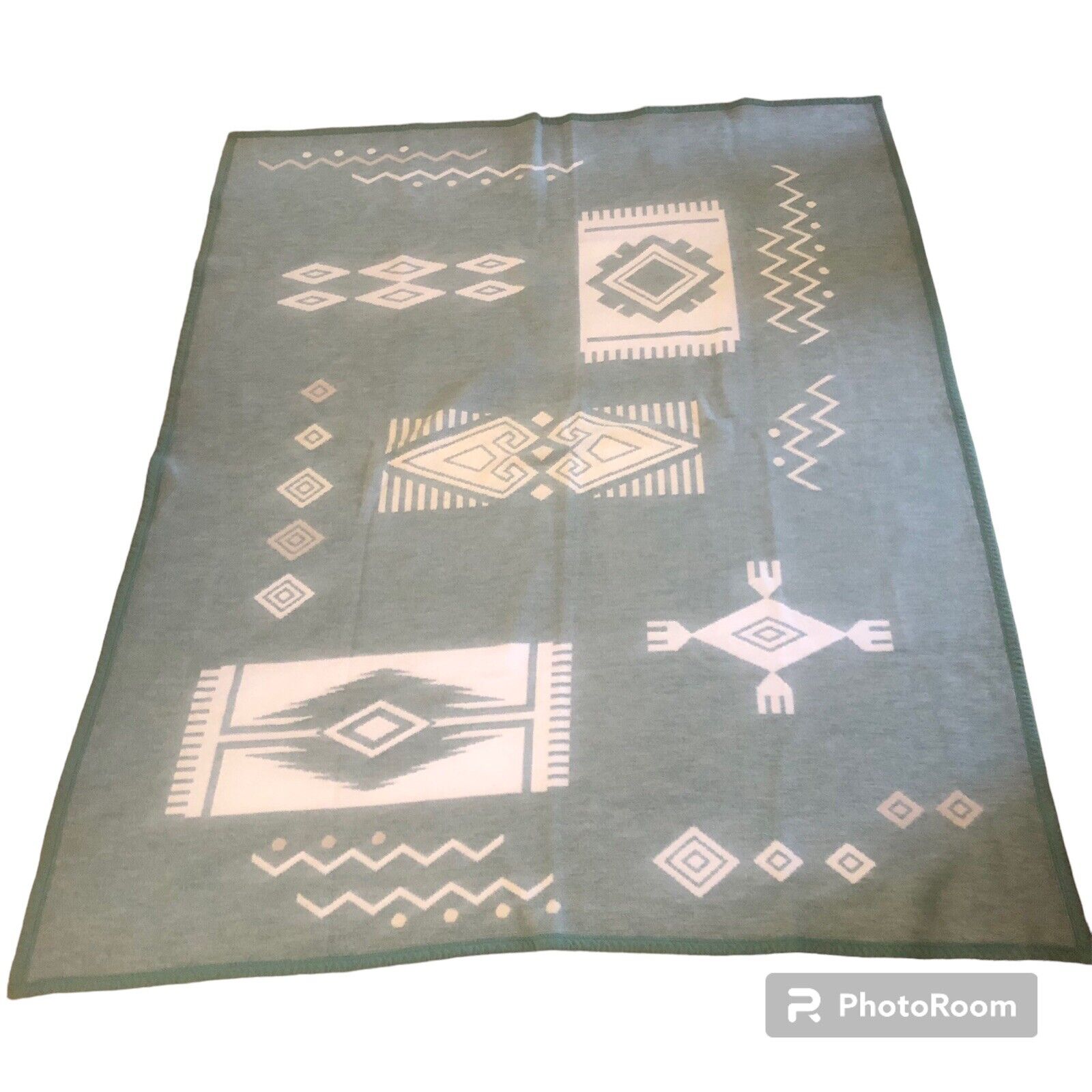 Vintage Biederlack Western Aztec Southwest Blue Blanket 71”x57” Throw Reversible
