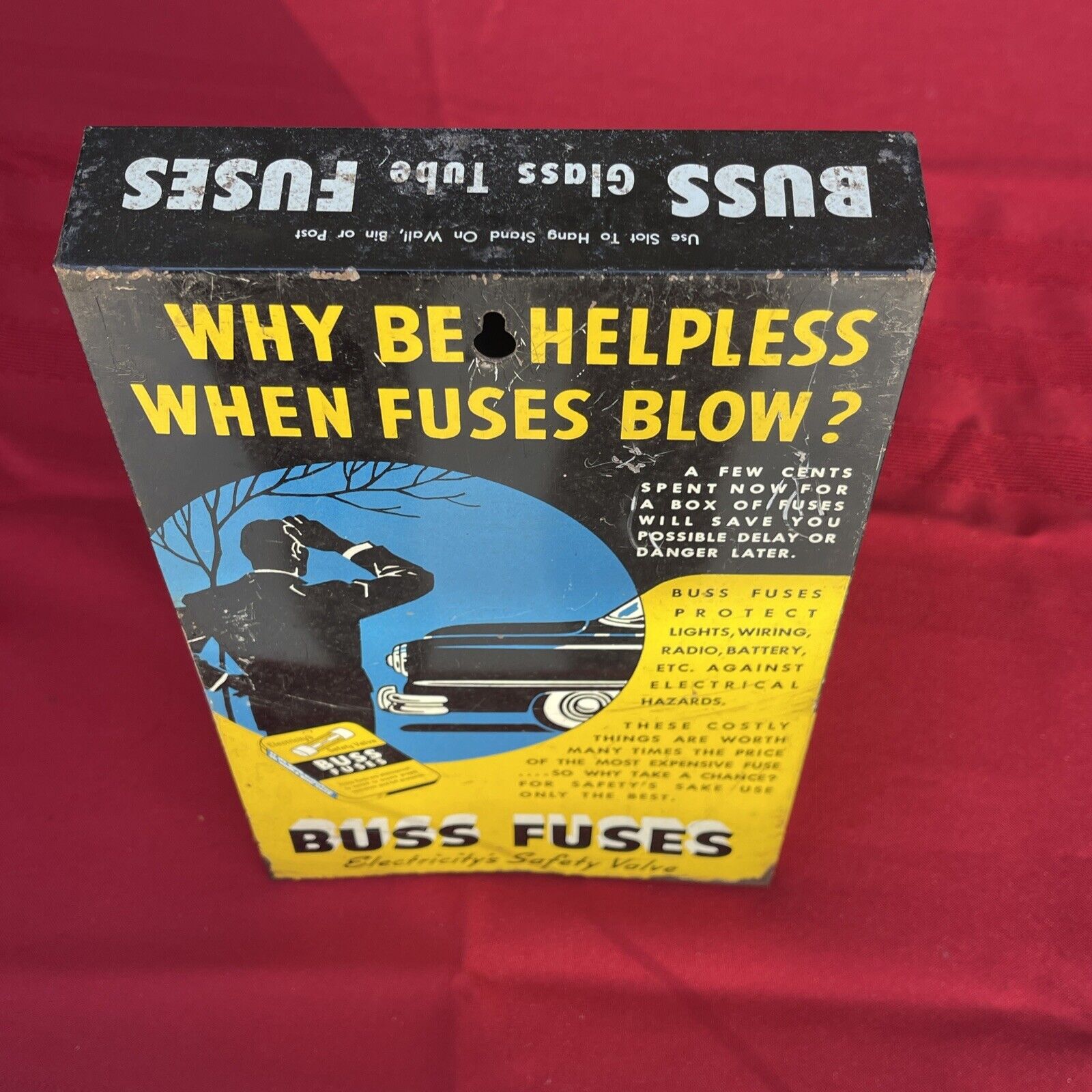 Vintage 1940's Buss Automotive Fuses Metal Counter Display Gas Oil Sign W/Tins