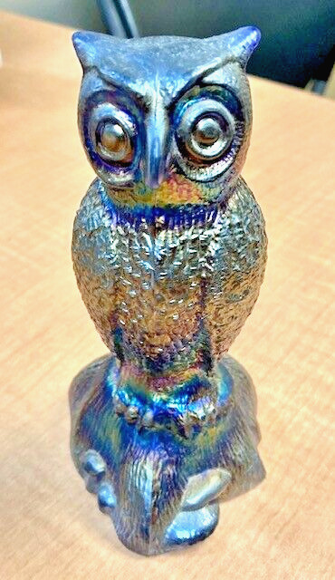 Vintage Fenton Black Amethyst Iridescent Carnival Glass Owl Figurine 5-1/2