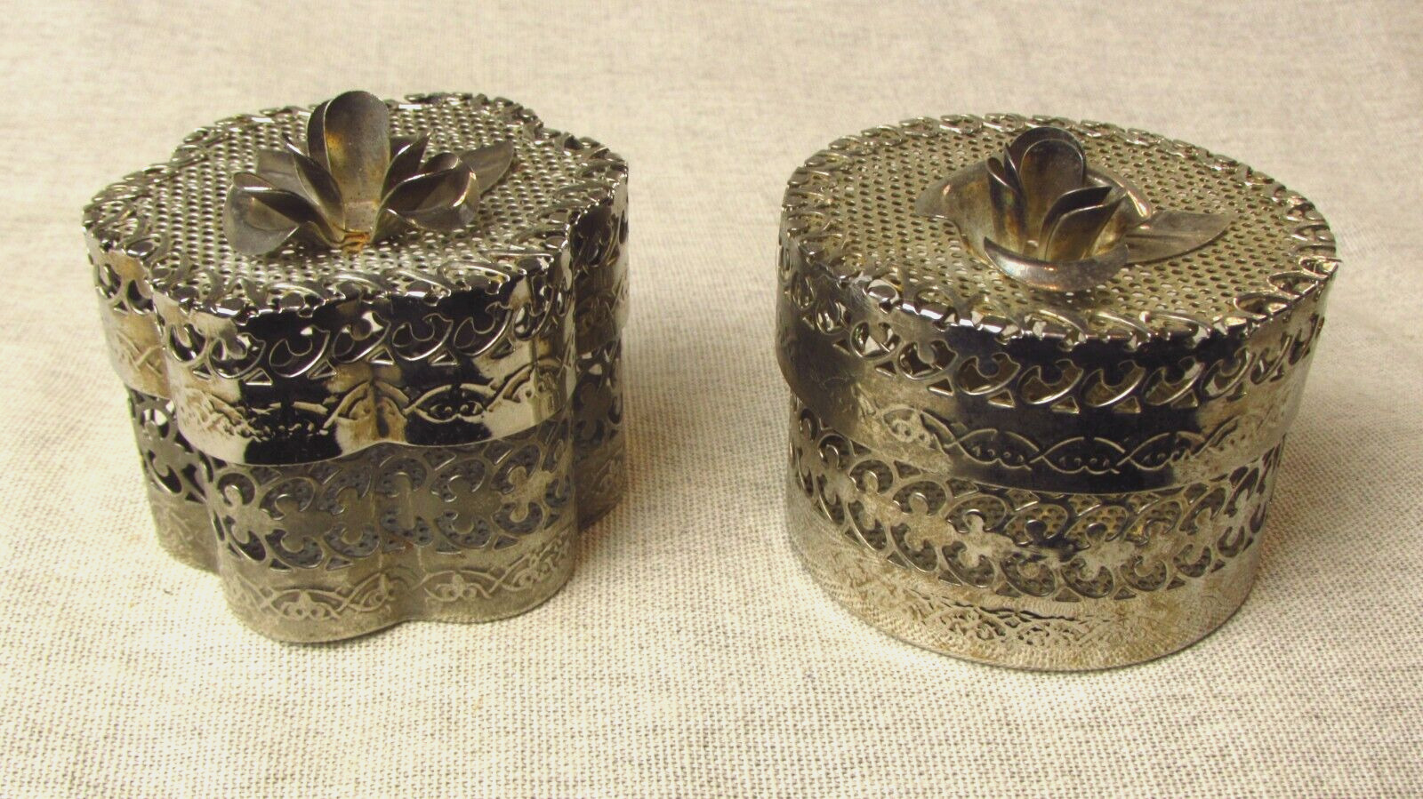 Pair Of Vintage Flower Filigree Metal Trinket Boxes
