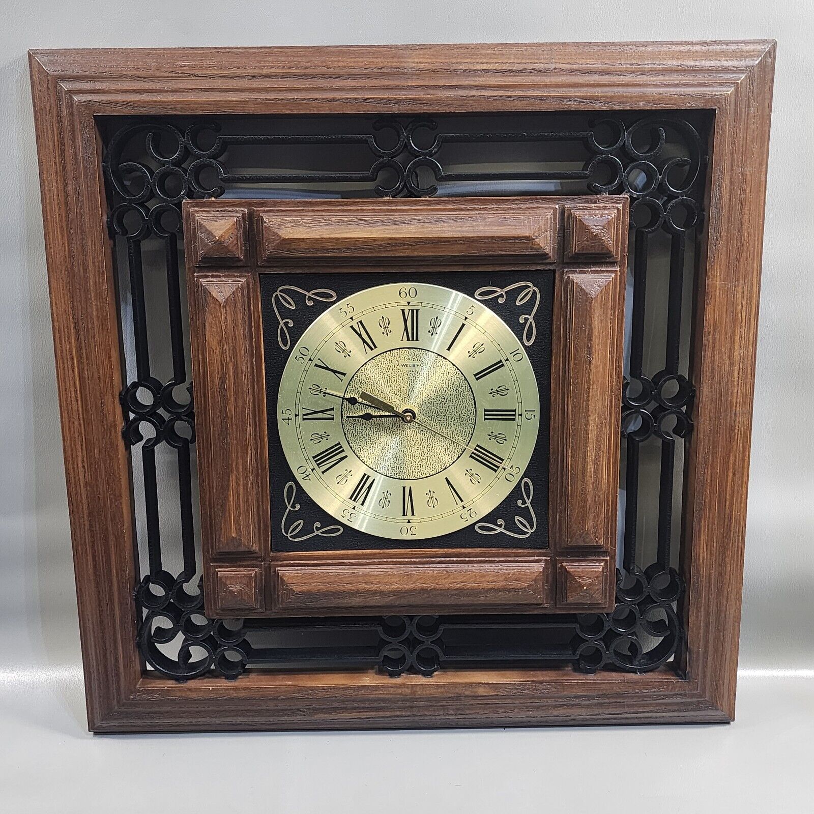 Vintage Welby Hanging Wall Clock Faux Wood Wrought Iron Battery Quartz 20\