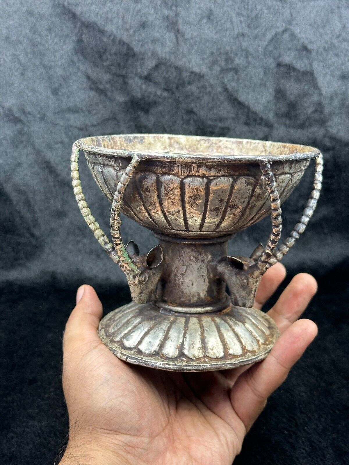 Rare Ancient Sasanian Civilization Silver Coated Cup With Antelope\'s Head