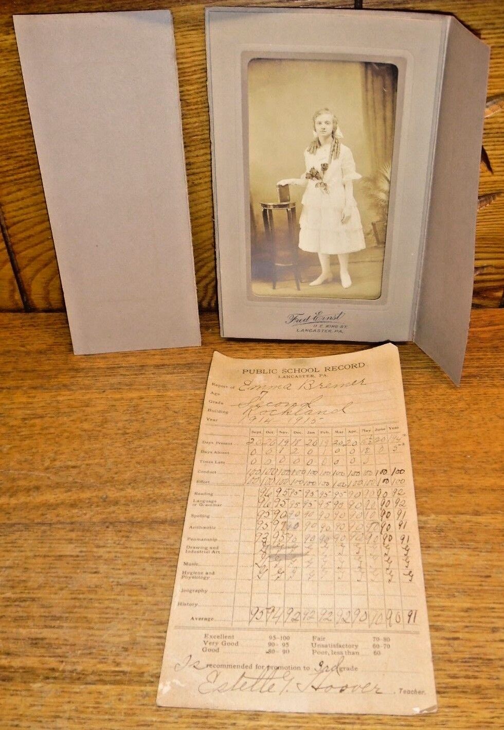 Antique 1915 Lancaster PA Report Card & Photograph - Emma Bremer