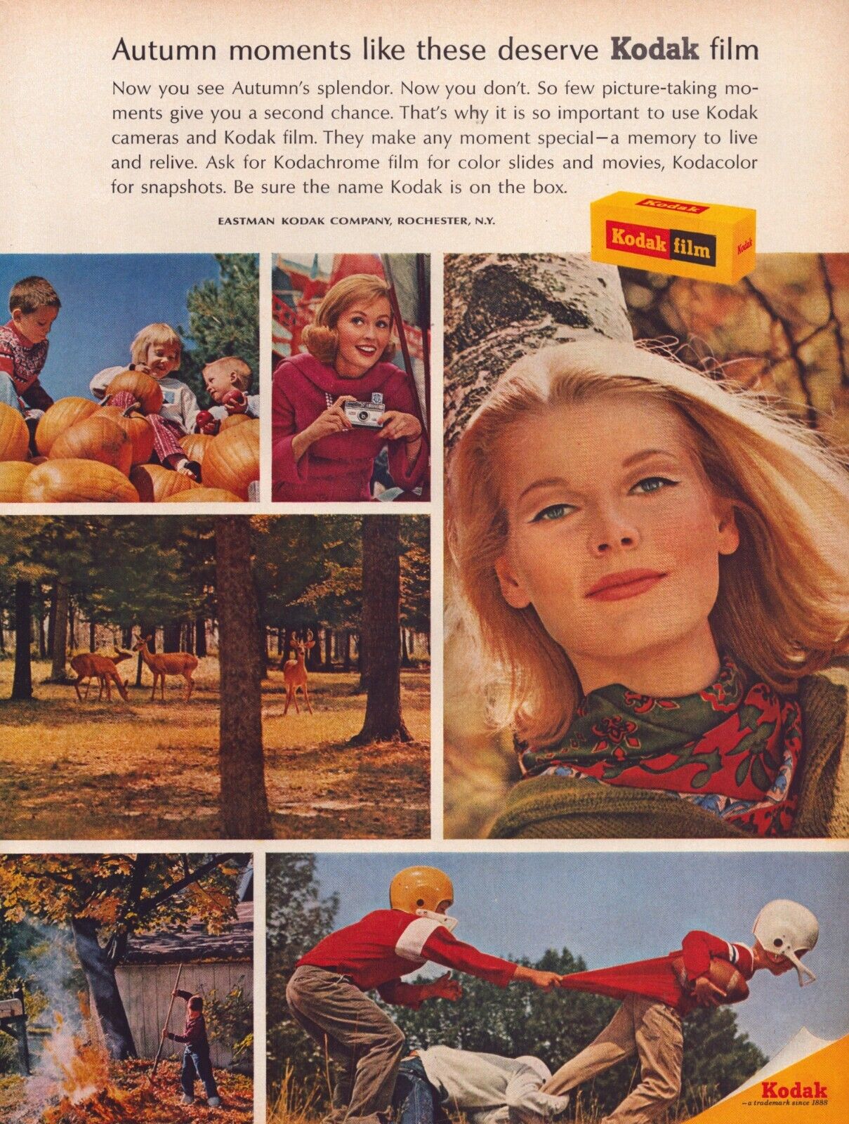1965 Kodak Color Film Print Ad Autumn Moments Pumpkins Football Leaves Falling