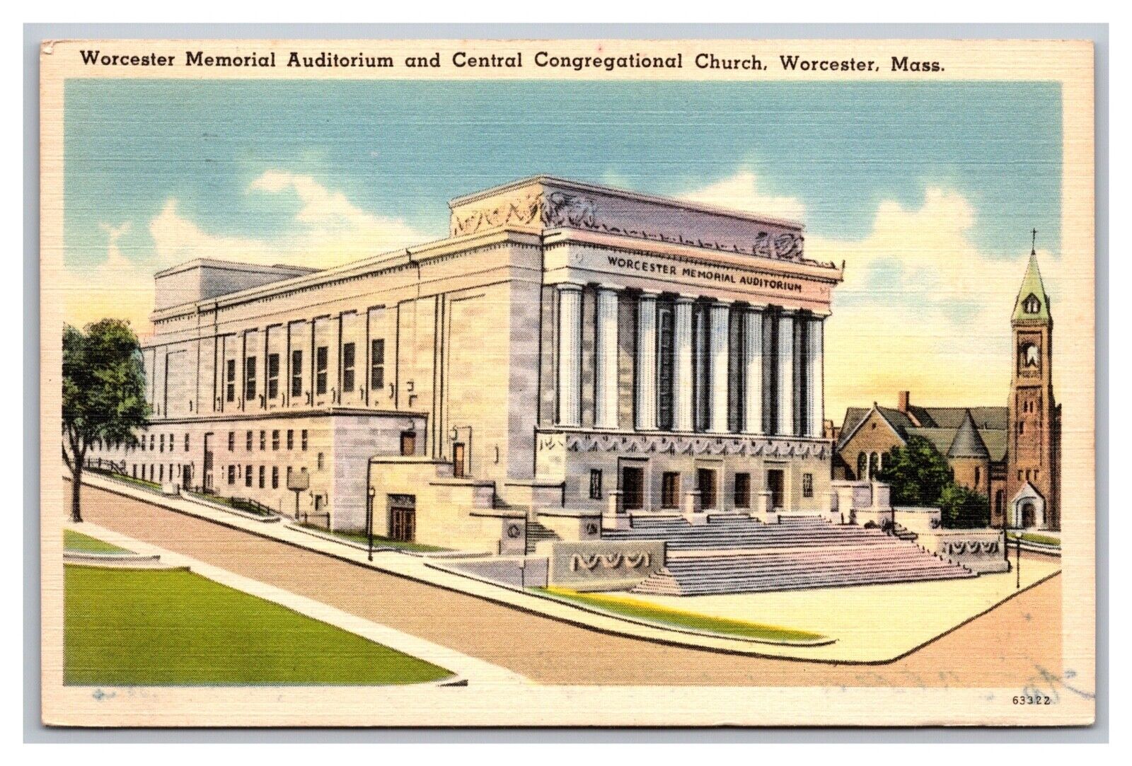 Worcester MA Memorial Auditorium Central Congregational Church Postcard 1949