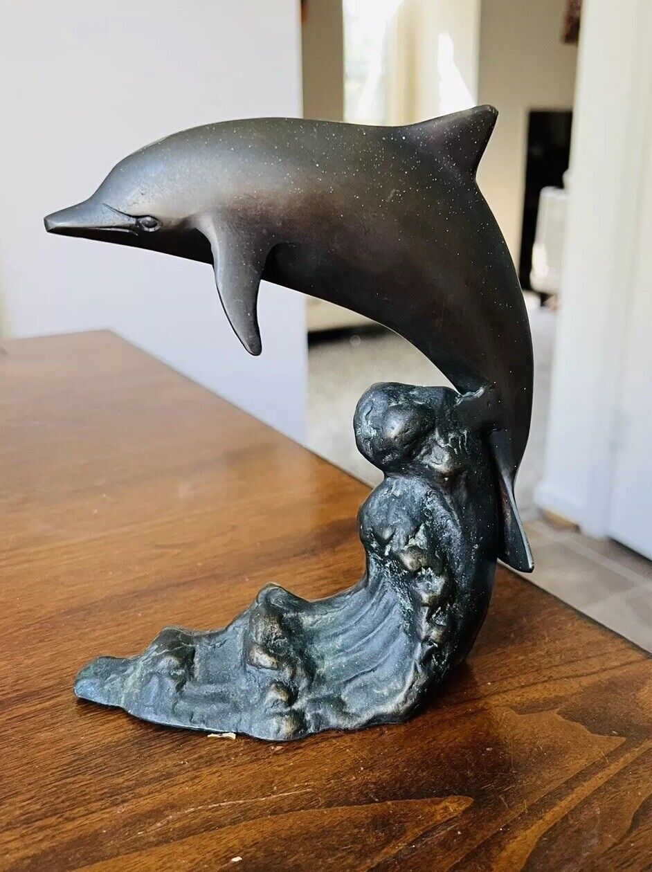 Vintage San Francisco Bay Brass Dolphin Statue with Waves
