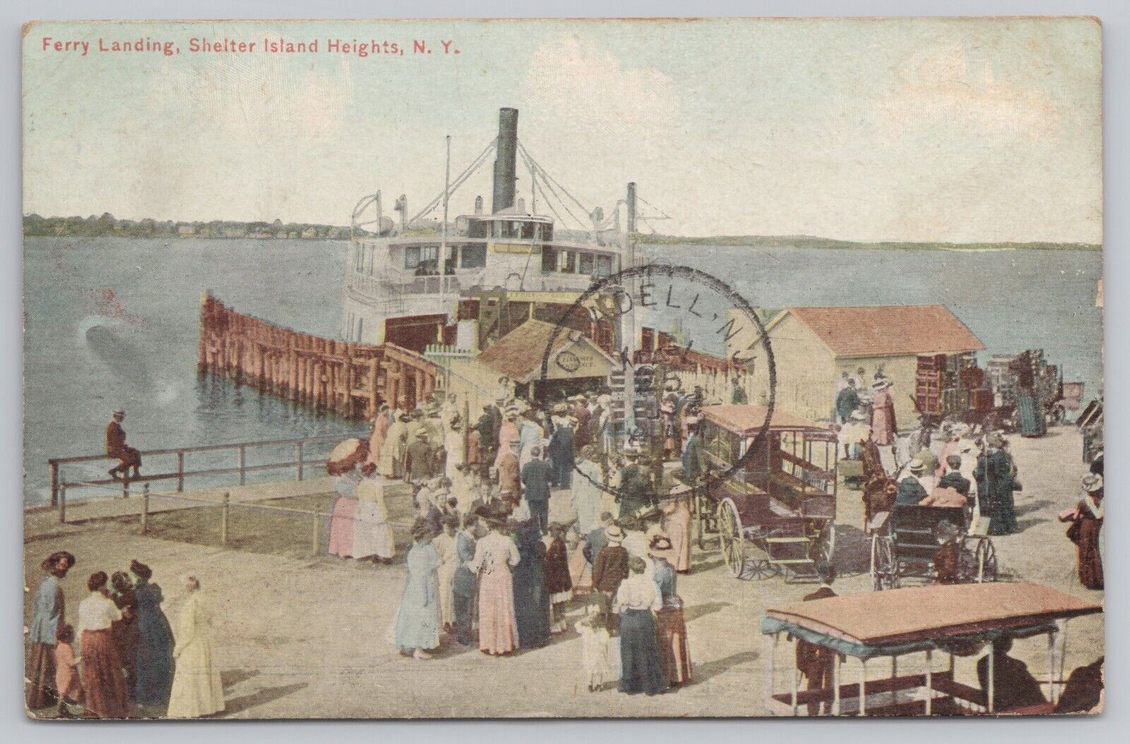 Ferry Landing at Shelter Island Heights, NY, Postcard, People, Carriages 0697