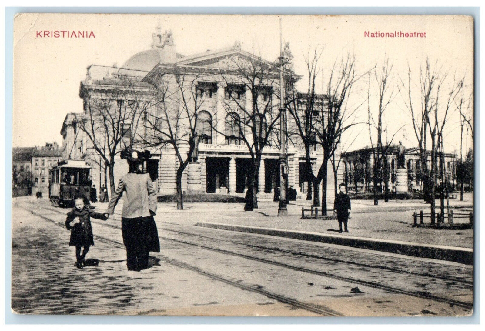 c1910 National Theatre Kristiania Oslo Norway Trolley Car Railway Postcard
