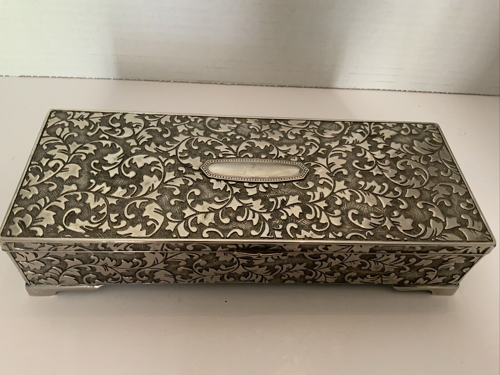 Vintage  Silver plated jewellery box rectangular swirls & ferns, footed large