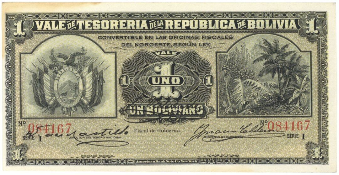 Bolivia - 1 Boliviano - P-92 - 1902 dated Foreign Paper Money - Paper Money - Fo