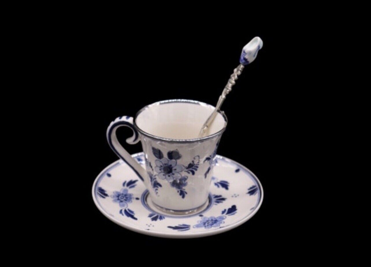 Delft’s Hand Painted Floral Blue and White Small Teacup, Saucer and Teaspoon