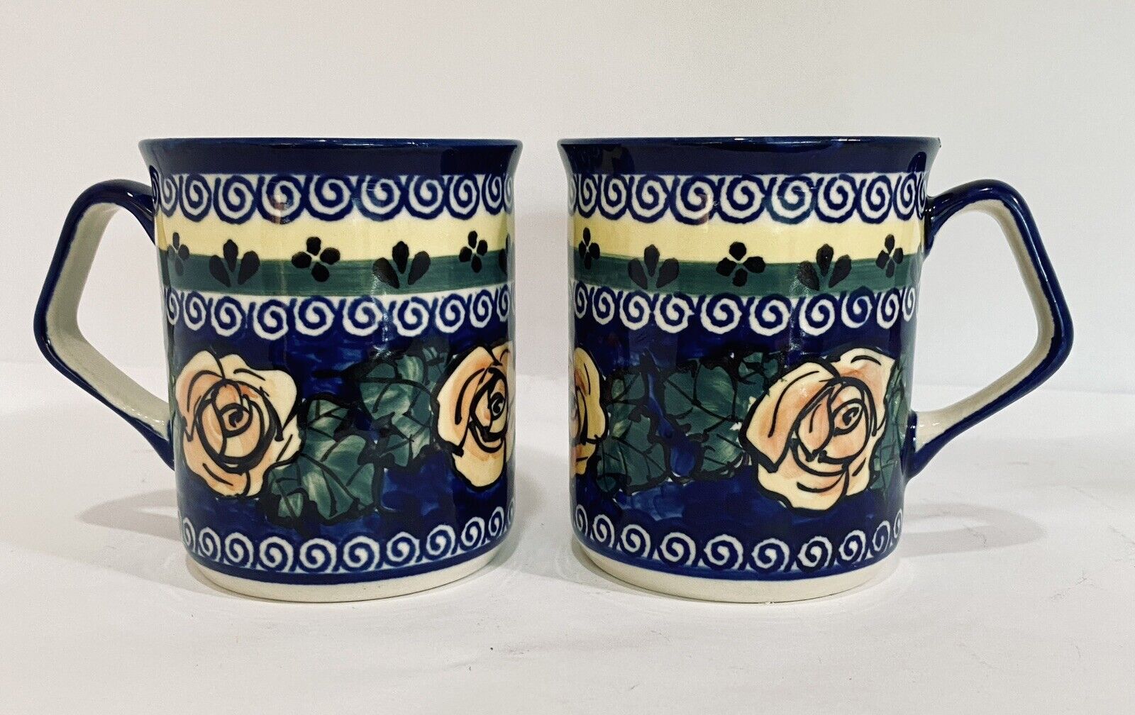 2 Polish Pottery Mugs Floral Coffee Flower Cups Handmade Poland Straight