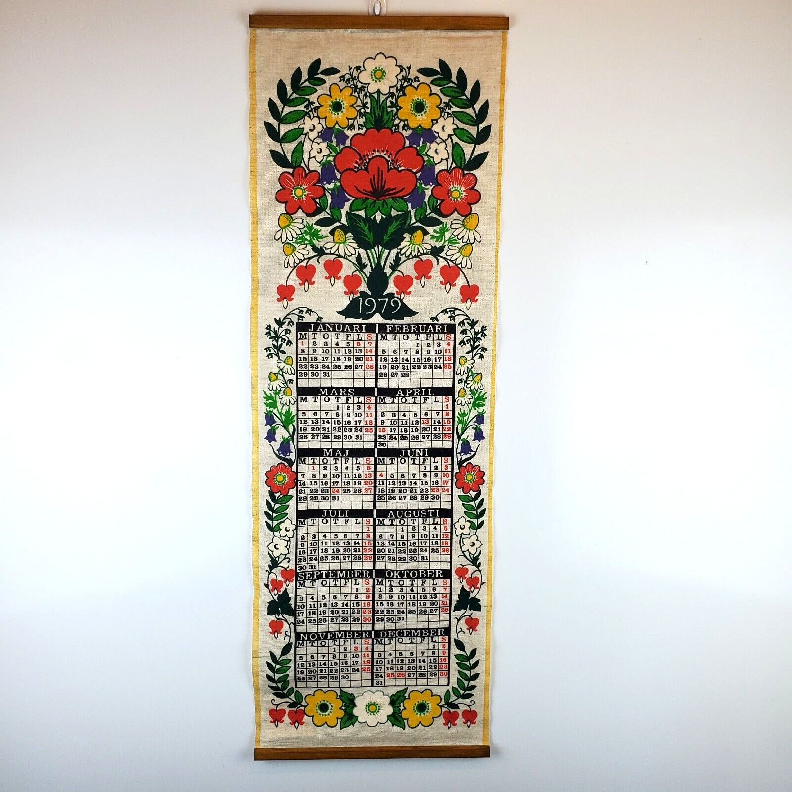 Vintage Swedish Calendar Almedahls 1979 Linen w/ Wood Wall Hanging Flowers