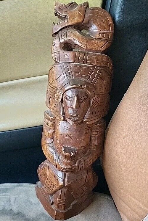 Mexican Hand Carved Totem Aztec Snake Wooden Folk Art Sculpture Ethnic Mexico