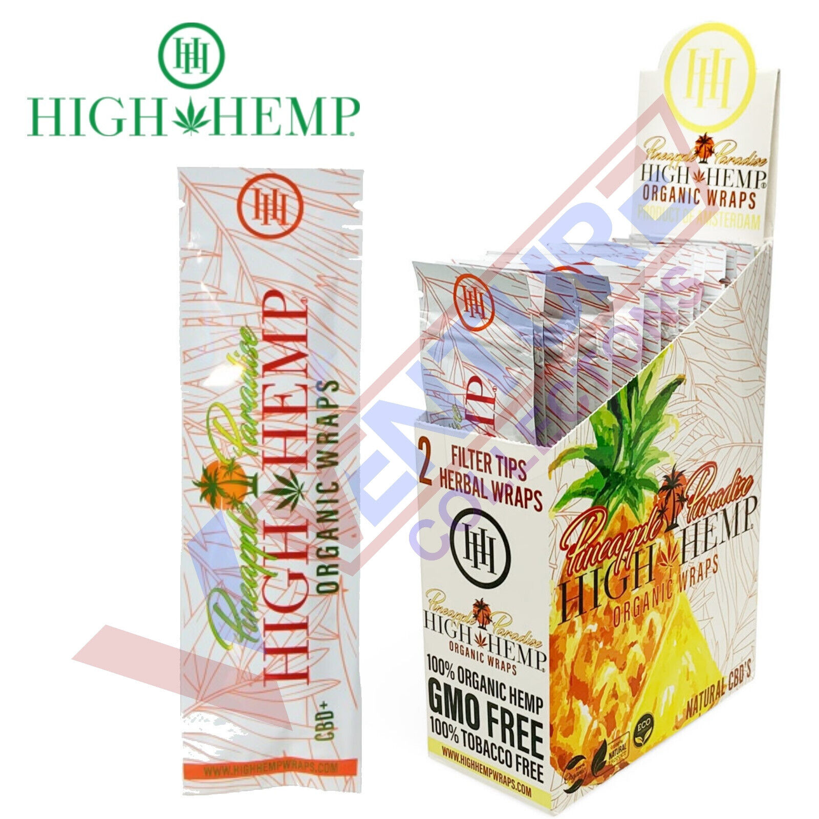High H. Organic Wrap Rolling Paper Vegan PINEAPPLE PARADISE Box 25 Pouch of 2CT