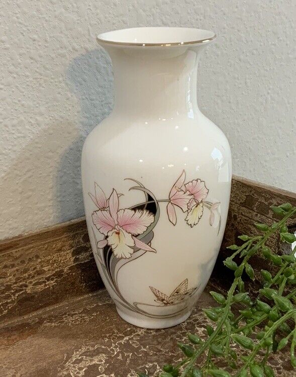 Vtg Fine China Japan White Vase Pink Cream Orchids Butterfly Gold Trim 6” H